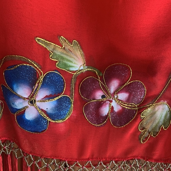 Women’s Red Floral Fringe Wrap Skirt  Swimsuit Cover-Up - Picture 5 of 13